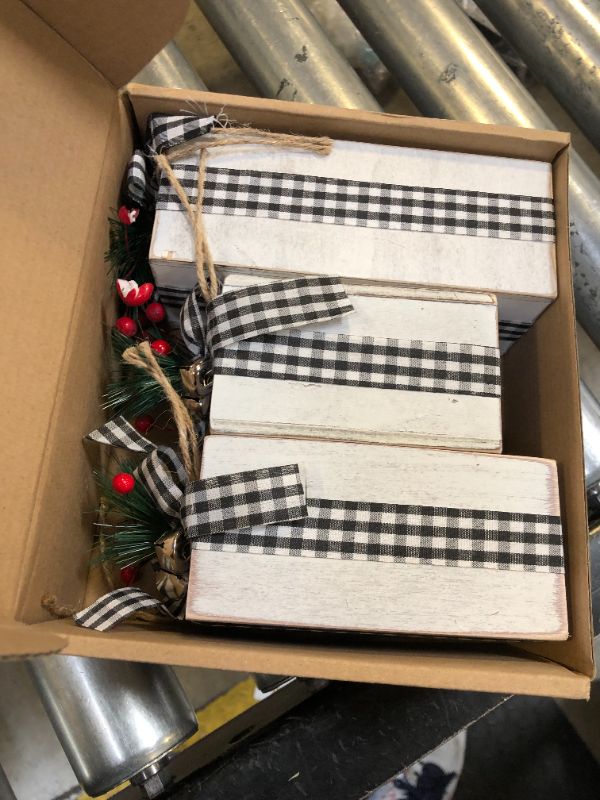 Photo 2 of Amyhill 3 Pcs Christmas Wooden Gifts Box Decor Christmas White Black Plaid Presents Table Centerpieces Rustic Wooden Gifts Tiered Tray Decor with Buffalo Plaid Bowknot for Xmas Party Decor