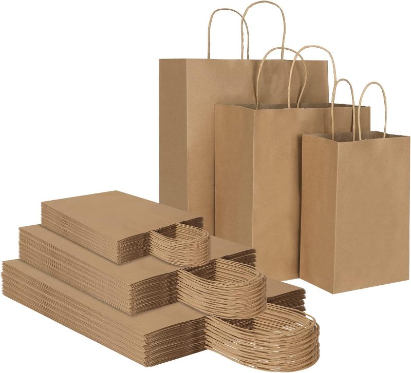 Photo 1 of 100 Pack Plain Brown Kraft Paper Bags with Handles Bulk, Multiple 3 Assorted Sizes Gift Bags for Favors Grocery Retail Party Birthday Shopping Business Goody Craft Merchandise Take Out Sacks