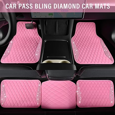 Photo 1 of CAR PASS Bling Leather Car Mats Shining Diamond Floor Mats Crystal Rhinestones Sparkly Glitter Carpet Anti-Slip Waterproof Pad Universal Fit for Automotive SUV, Sedan, Van, 5pcs for Girl Women Pink
