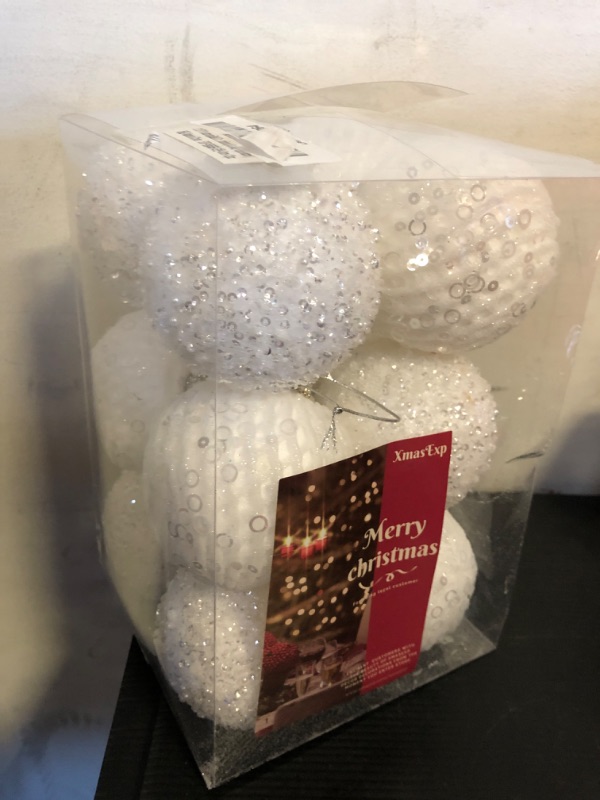 Photo 1 of 12-Pack 3.15 inch Glitter Sequin Foam Ball Ornaments - Shatterproof Christmas Tree Decorations for Holidays and Parties (White, 8cm)