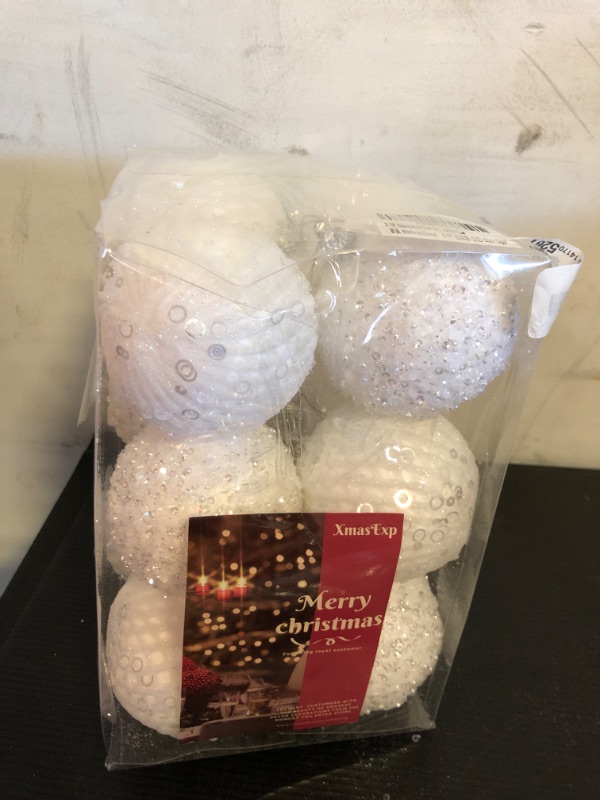 Photo 2 of 12-Pack 3.15 inch Glitter Sequin Foam Ball Ornaments - Shatterproof Christmas Tree Decorations for Holidays and Parties (White, 8cm)