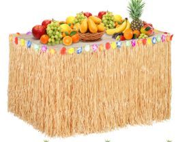 Photo 1 of  Hawaiian Luau Grass Table Skirt 108 x 29 Inches Faux Hibiscus Flowers Hula Skirts Jungle Tropical Hawaiian Party Decor for Tiki Bar Moana Themed Birthday Party, Straw Yellow