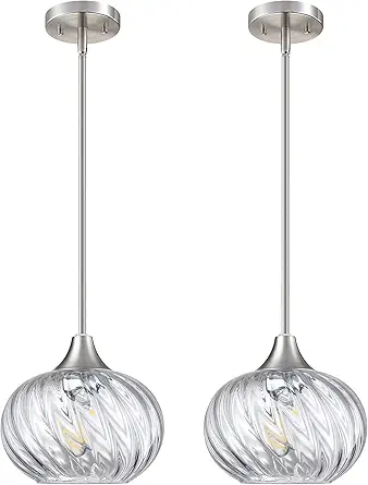 Photo 1 of 2 Pack 1 Light Hanging Indoor Kitchen Island Pendant Light 7.75" Hammer Clear Swirl Green Glass Pendant Ceiling Light Fixtures Brushed Nickel Finish Modern Farmhouse Dining Over Sink