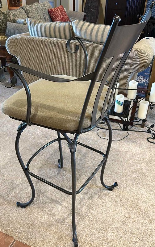 Photo 2 of WROUGHT IRON W FABRIC SEAT SWIVEL BAR STOOL H 48”