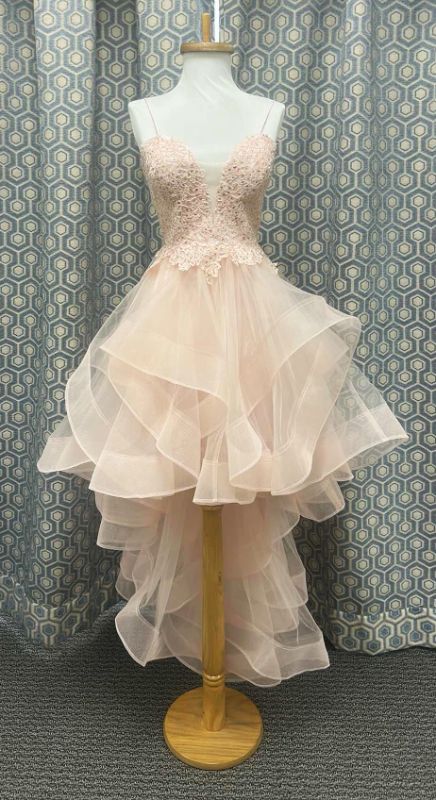 Photo 1 of BRIDAL / PROM GOWN, “ROYAL QUEEN COLLECTION, FITTED LACE BODICE AND SWEETHEART NECKLINE. LAYERED CASCADING RUFFLES IN A HIGH-LOW STYLE,  LIGHT ROSE PINK,  SIZE 10 