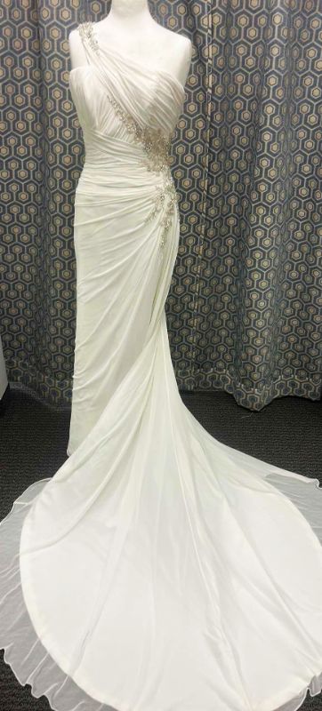 Photo 1 of NEW BRIDAL GOWN “SOTTERO AND MIDGLEY COUTURE”  WHITE ONE SHOULDER WEDDING DRESS WITH DIAGONAL RUCHING ACROSS THE BODICE, SUBTLE SIDE EMBELLISHMENT SIZE 12 