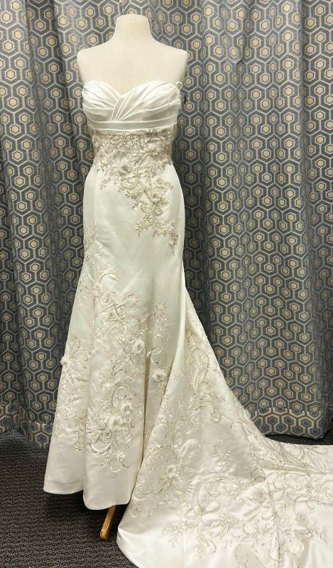 Photo 1 of BRIDAL GOWN “CASABLANCA”  WHITE WEDDING DRESS, RUCHED SWEETHEART BODICE, INTRICATE SILVER EMBROIDERY AT WAIST AND HIPS, SLEEK A-LINE SKIRT SIZE 12