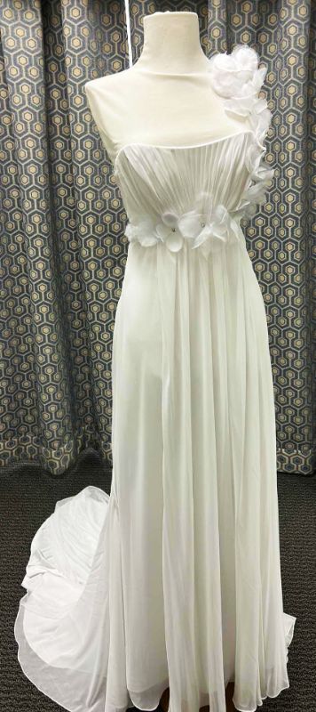 Photo 1 of BRIDAL GOWN, MOONLIGHT WHITE, SHORT-SLEEVED SQUARE NECKLINE, EMBROIDERED BODICE, FULL CHIFFON TRAIN, SIZE 4 