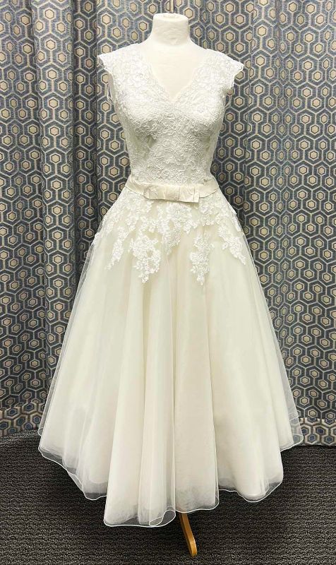 Photo 1 of BRIDAL GOWN, “JUSTIN ALEXANDER” IVORY SHORT LACE WEDDING A-LINE DRESS SIZE 10