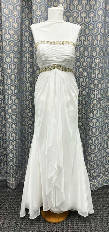 Photo 1 of BRIDAL GOWN, MNM COUTURE, STRAPLESS WHITE  WEDDING DRESS WITH RUCHED BODICE, CRYSTAL BEADING, A-LINE CHIFFON SKIRT SIZE 6 