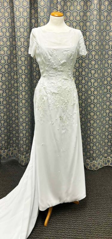 Photo 1 of BRIDAL GOWN,"MONIQUE BRIDAL", WHITE WEDDING DRESS, HIGH NECKLINE, FITTED BODICE, CHAPEL LENGTH TRAIN  SIZE 5/6