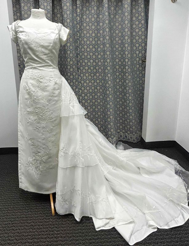 Photo 1 of BRIDAL GOWN, “MONIQUE” , IVORY, SATIN, A-LINE, BEADED, SWEETHEART NECKLINE, SHORT-SLEEVED, MEDIUM TRAIN, SIZE 6 