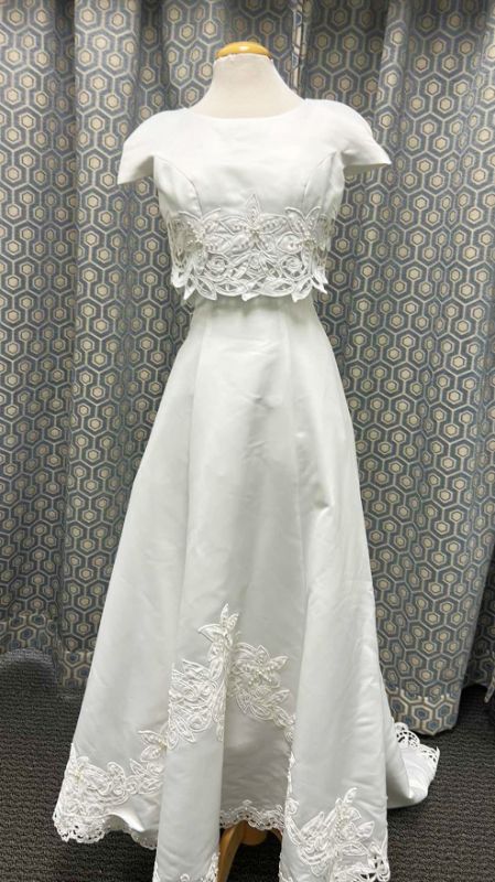 Photo 1 of BRIDAL GOWN "GLORIA VANDERBILT" 2-PC WHITE, SHORT SLEEVE LACE CROP TOP, LONG A-LINE SKIRT, LACE TRIM, SIZE 6