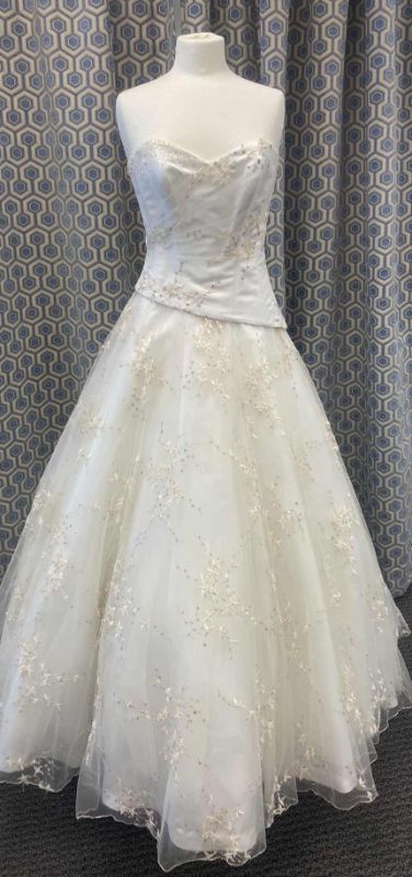 Photo 1 of BRIDAL GOWN “MAGGIE SOTTERO” IVORY SATIN & TULLE STRAPLESS CORSET BACK w RHINESTONES & EMBROIDERY SIZE 10
