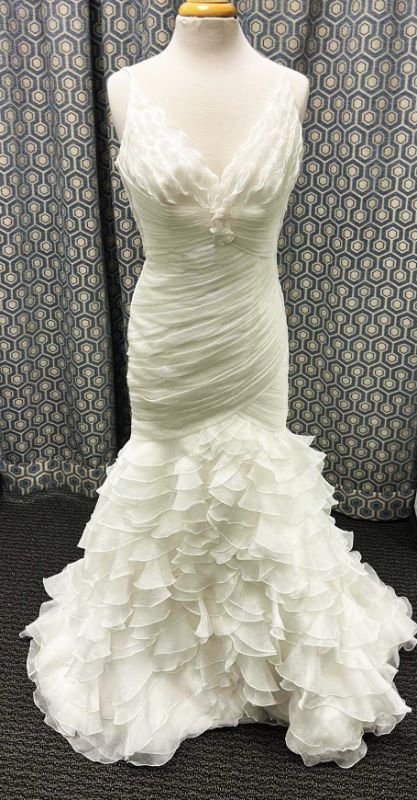 Photo 1 of BRIDAL GOWN, SLEEVELESS WHITE MERMAID, DEEP V NECKLINE, RUCHED BODICE, CASCADING LAYERED RUFFLES SKIRT, SIZE 12 
