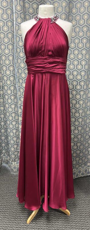 Photo 1 of EVENING GOWN "MAY QUEEN COUTURE" FLOOR LENGTH HALTER NECK GOWN IN DEEP MAGENTA SATIN, RUCHED BODICE, JEWELED NECKLINE AND FLOWY SKIRT  8 