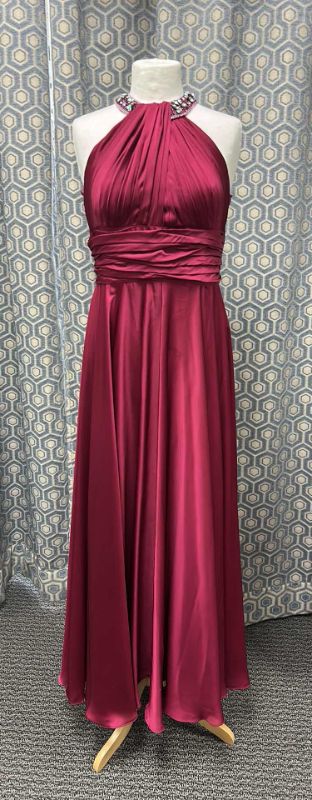 Photo 1 of EVENING GOWN "MAY QUEEN COUTURE" FLOOR LENGTH HALTER NECK GOWN IN DEEP MAGENTA SATIN, RUCHED BODICE, JEWELED NECKLINE AND FLOWY SKIRT SIZE 6 