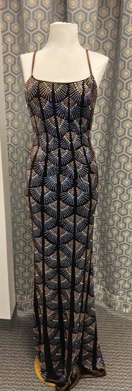 Photo 1 of EVENING GOWN, "JOVANI" FLOOR LENGTH FITTED GOWN IN THE SHADE COFFEE, ALL OVER GEOMETRIC SEQUIN PATTERN IN SILVER AND BLUE THAT CHANGES IN LIGHT SIZE 2
