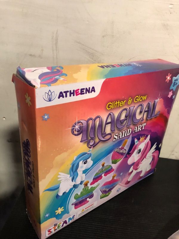 Photo 2 of ATHEENA Sand Art Kit, DIY Crafts for Kids, Ages 5+, Summer Arts & Craft Activity, 7 Designs, 7 Colors, 1 Glow in The Dark Sand, 2 Glitters, Inspires Creativity, Birthday, Christmas Gift, Unicorn Fun