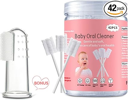 Photo 1 of Baby Tongue Cleaner, Baby Toothbrush, 42Pcs Disposable Infant Toothbrush Clean Baby Mouth, Gauze Gum Cleaner Baby Oral Cleaning Stick Dental Care for 0-36 Month Baby+Free 1 Finger Toothbrush