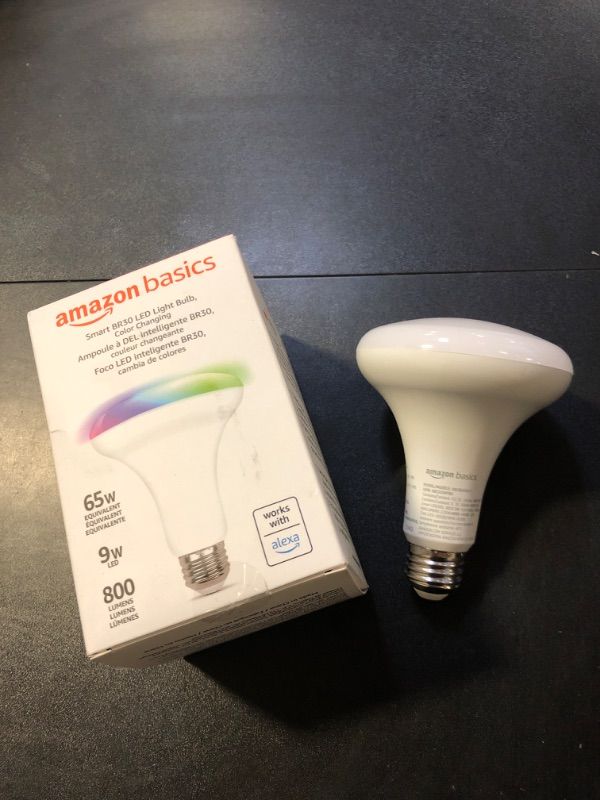 Photo 2 of Amazon Basics Smart BR30 LED Light Bulb, Color Changing, 60W Equivalent, 800LM, Works with Alexa Only, 2.4 GHz Wi-Fi, No Hub Required, 1-Pack