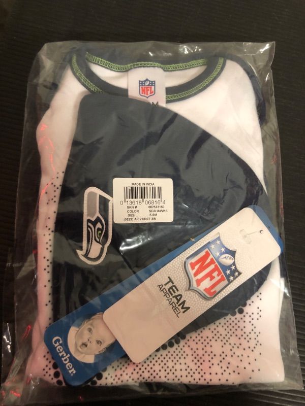 Photo 2 of 6/9M---Gerber NFL Seattle Seahawks 3 Pack Bodysuit Footed Pant and Cap Registry Gift Set, blue/white Seattle Seahawks, 6-9M