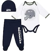 Photo 1 of 6/9M---Gerber NFL Seattle Seahawks 3 Pack Bodysuit Footed Pant and Cap Registry Gift Set, blue/white Seattle Seahawks, 6-9M