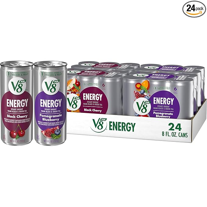 Photo 1 of exp date 11/2024--V8 +Energy Black Cherry and Pomegranate Blueberry Juice Energy Drinks, 8 fl oz Can (24 Pack)