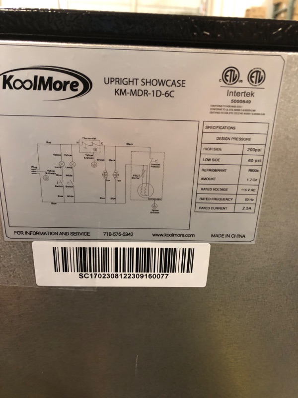 Photo 3 of KoolMore KM-MDR-1D-6C 6 Cu. Ft. Commercial One Glass Door Display Upright Beverage Refrigerator Cooler Merchandiser-22.8 in. x 21.4 in. x 52.7 in. [Black]
