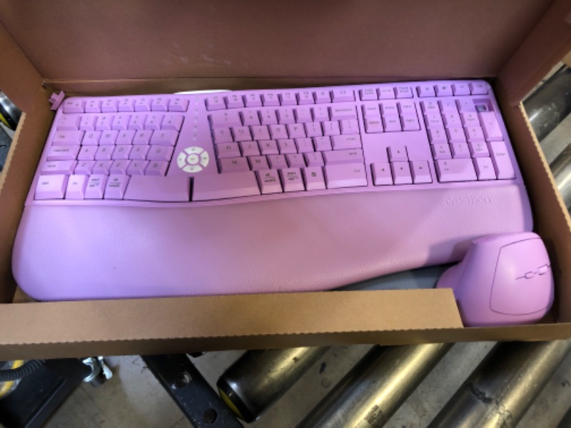 Photo 2 of MEETION Ergonomic Wireless Keyboard and Mouse, Ergo Keyboard with Vertical Mouse, Split Keyboard Cushioned Wrist Palm Rest Natural Typing Rechargeable Full Size, Windows/Mac/Computer/Laptop,Purple