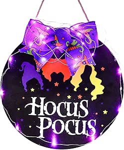 Photo 1 of Whaline Halloween Wooden Hanging Sign Hocus Pocus Door Sign with LED String Lights Witch Wreath Welcome Sign Wood Door Hanger for Farmhouse Home Office Window Decoration