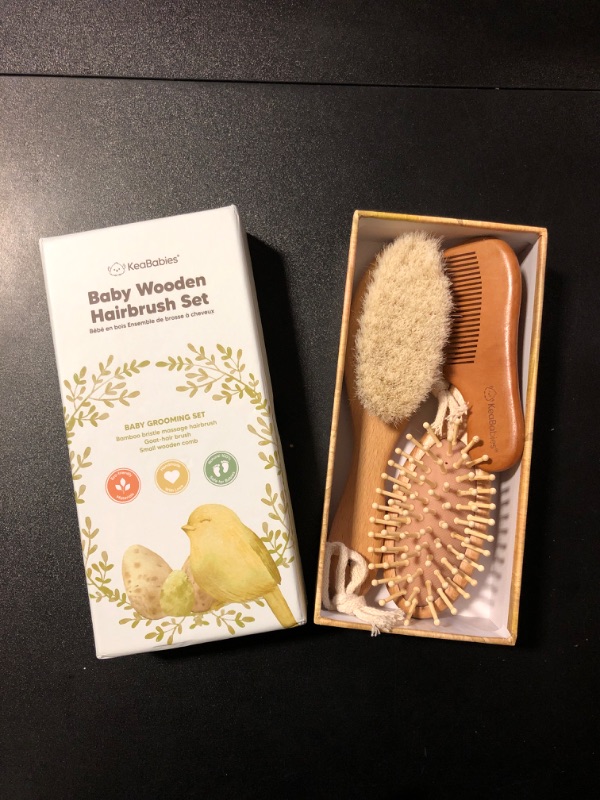 Photo 2 of Baby Hair Brush and Comb Set for Newborn - Wooden Baby Hair Brush Set with Soft Goat Bristle, Baby Brush Set for Newborns, Baby Brush and Comb Set Girl, Boy, Toddler Cradle Cap Brush (Oval, Walnut)