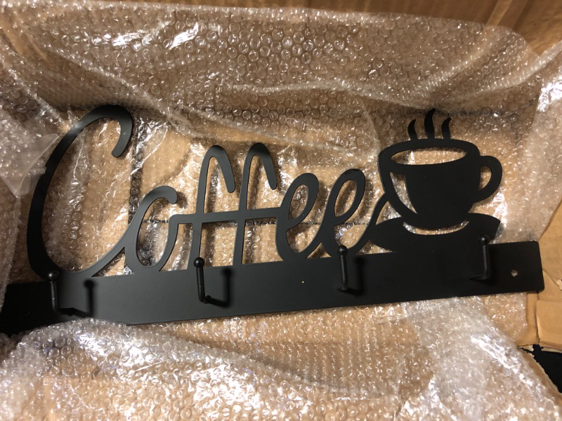 Photo 2 of MyGift Black Metal Coffee Mug Rack Wall Mounted Holder with 4 Hooks and Coffee Word Sign and Cup Cutout Design