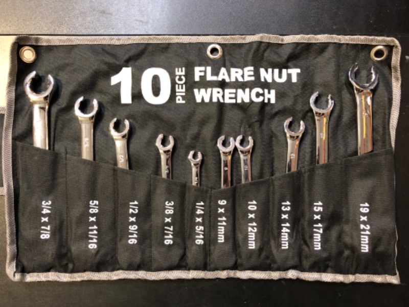 Photo 2 of 10-Piece Complete Metric and SAE Flare Nut Wrench Set with Pouch | Metric 9mm - 21mm, Inch 1/4” - 7/8” | Cr-V Steel, 6-Point Double-End Design, Perfect Line Wrench for Fuel, Brake and Air Conditioning