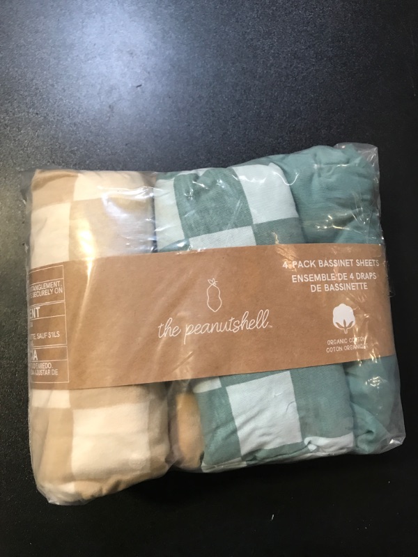 Photo 1 of The Peanutshell Organic Bassinet Sheets for Boys or Girls, 100% Jersey Cotton, Universal Fit for Oval, Rectangle, Hourglass Crib Mattresses, Checkered Nursery Decor, Tan Green Teal, 4 Pack