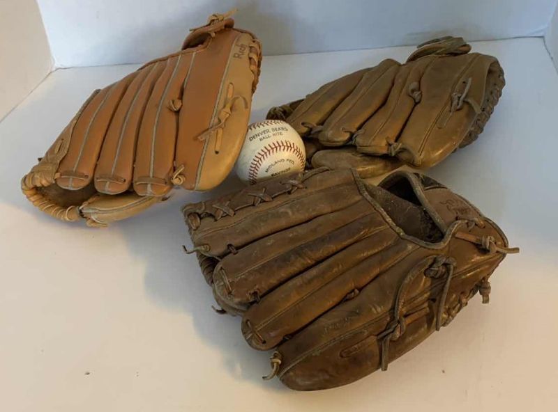 Photo 1 of 3-CHILDRENS BASEBALL GLOVES AND SIGNED DENVER BEARS BASEBALL