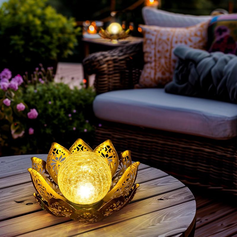 Photo 1 of GIGALUMI Solar Lights Outdoor Garden Decor, Adjustable Metal Petal Lotus Flower Lights Crackle Globe Glass Lantern Outdoor Table Decor Waterproof for Patio, Lawn, Pathway, Pond, Christmas Gift