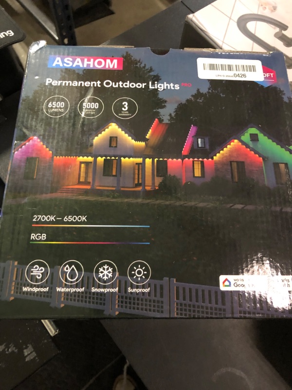 Photo 1 of ASAHOM Permanent Outdoor Lights Pro, 100ft with 72 RGBCW LED Smart Eave Lights, 90lm White, IP67 Waterproof, 100 Scenes Modes for Halloween Christmas Decor Party Daily House Lighting, White