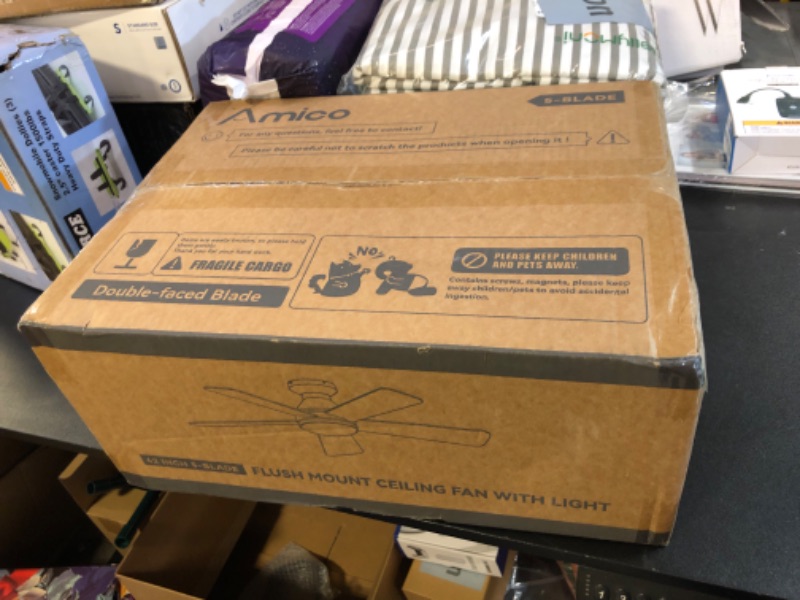 Photo 1 of Amico Ceiling Fans with Lights, 42 Inch Low Profile Ceiling Fan with Light and Remote Control, Flush Mount, Reversible, 3CCT, Dimmable, Quiet, White Small Ceiling Fan for Bedroom Outdoor/Indoor Use