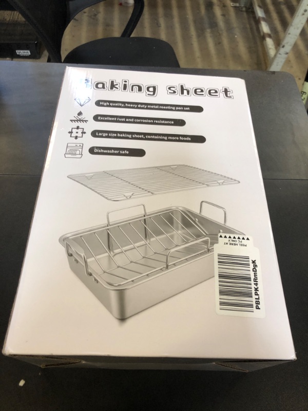 Photo 1 of Roasting Pan, 14*10 Inch Stainless Steel Turkey Roaster with Rack - Deep Broiling Pan & V-shaped Rack & Flat Rack, Non-toxic & Heavy Duty, Great for Thanksgiving Christmas Roast Chicken Meat Lasagna