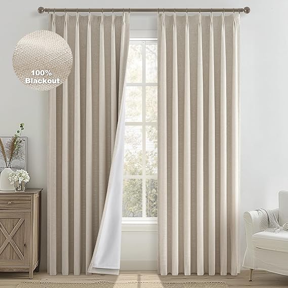 Photo 1 of  Topfinel 100% Percent Blackout Sliding Glass Door Curtains 120 Inches Long 2 Panels,10 Foot Theater Floor to Ceiling Track Drape Linen Drop Cloth Traverse Curtains Farmhouse Beige (Hook,Rings Include)