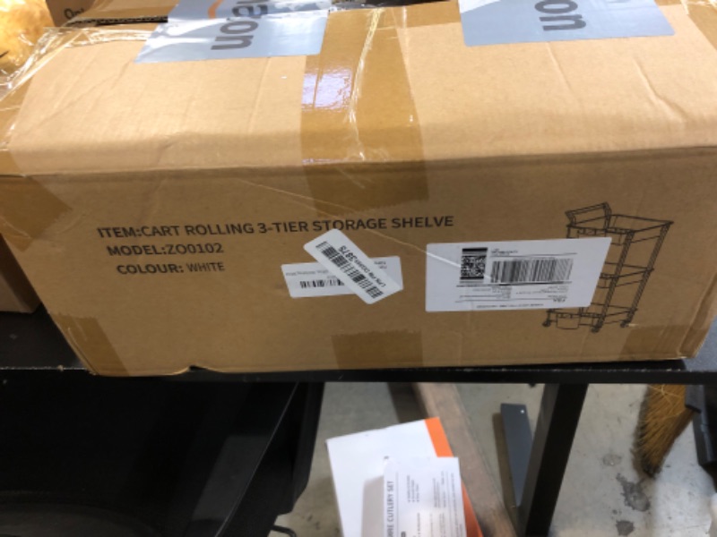 Photo 1 of 3-Tier Utility Rolling Cart,Mobile Utility Cart with Lockable Caster Wheels,Storage Shelves Organizer Cart, 3 Hanging Baskets, Easy Assembly,for Bathroom, Kitchen, Office, Workshop,White