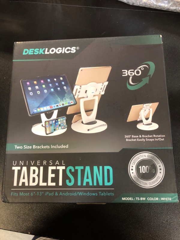 Photo 2 of DeskLogics iPad Stand for Desk, Tablet Holder - 6 inch to 13 inch - Stable, Adjustable - 360° Swivel Angle Pen Phone iPad Stand for Store, Retail Kiosk, Reception, Home Office, Gift Ideas - WhiteLPNO255764398
