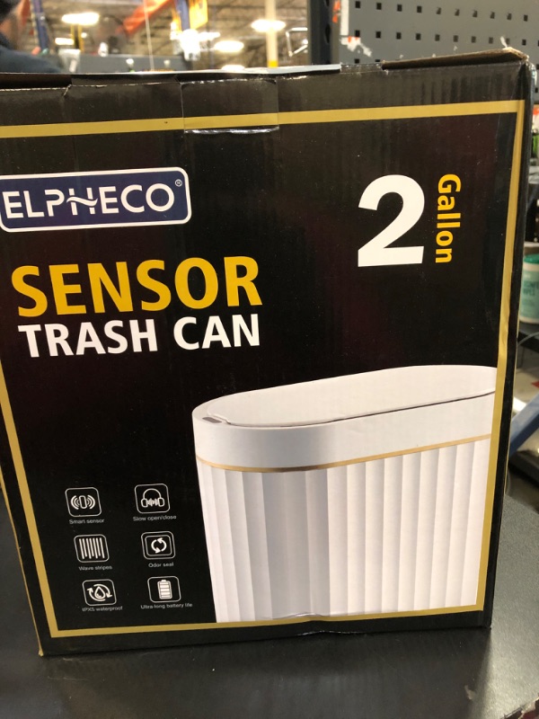 Photo 1 of ELPHECO Automatic Motion Sensor Trash Can - 2 Gallon Slimline for Bathroom, Bedroom, Kitchen, Office - White with Gold Trim