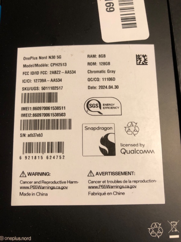 Photo 1 of OnePlus Nord N30 5G Unlocked Dual-SIM Android Smart Phone 6.7" LCD Display 8 +128GB 5000 mAh Battery 50W Fast Charging 108MP Camera Chromatic Gray