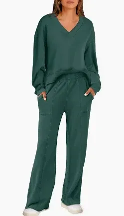 Photo 1 of ANRABESS Lounge Sets for Women 2 Piece Outfits Sweatsuit Set Fall V Neck Sweatshirts Wide Leg Pants Tracksuits Dark Green Small