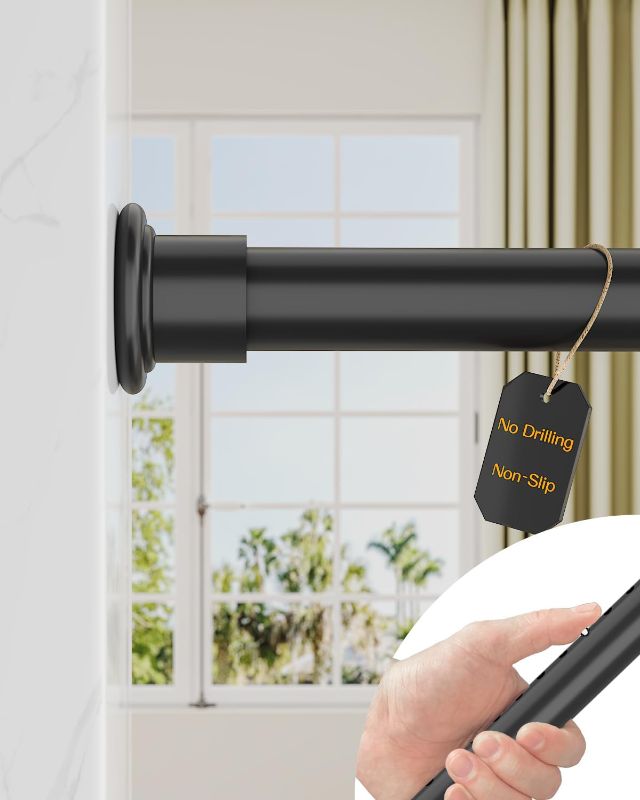 Photo 1 of  Heavy Duty Tension Curtain Rod for Window, 83-123 Inches, Room Divider with Adjustable Pole for Patio, Bedroom, Balcony, Hold Up Blackout Curtains and Non-Slip, Solid, Black