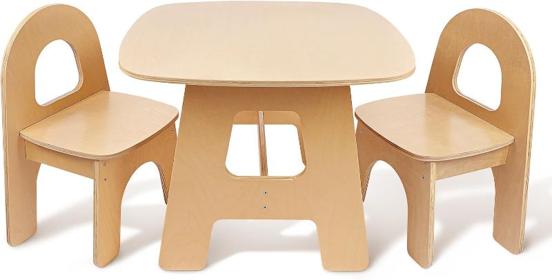 Photo 1 of Wooden Toddler Table and 2 Chairs Set, Kids Table and Rounded Backrest Chair Set, Activity Table for Art, Play, Craft, Ideal for Children Ages 1-7, Natural Wood Color
