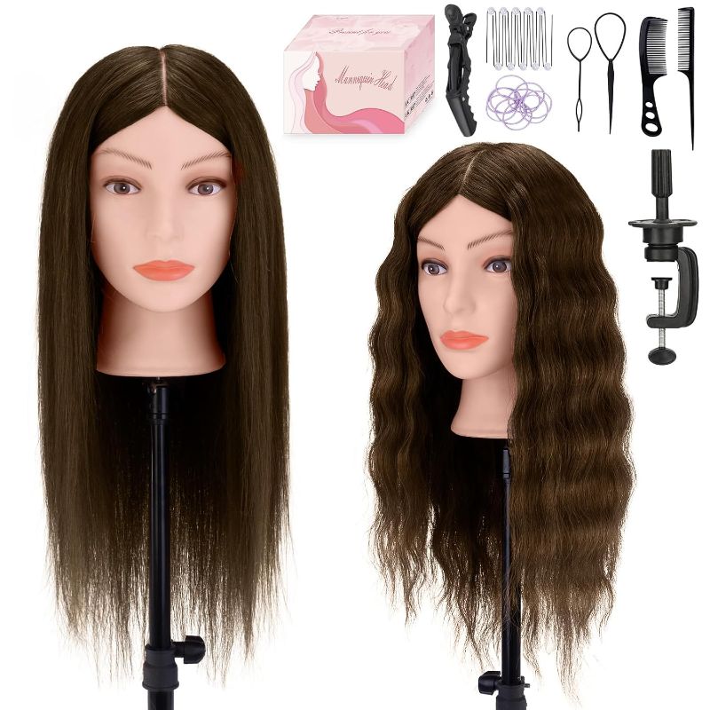 Photo 1 of Mannequin Head 26" 100% Real Hair, Doll Head for Hair Styling & braiding with Table Clamp Holder + DIY Hair Styling Set, Mannequin Head for Cosmetology Training Head and Stylist Supplies Dark brown
