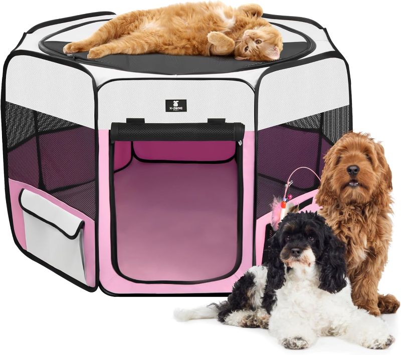 Photo 1 of X-ZONE PET Dog Playpen Portable Pet Play Pens for Puppies, Cat, Rabbit, Chicks, Foldable Exercise Play Tent Kennel Crate, Indoor/Outdoor Travel Camping Pink Small
